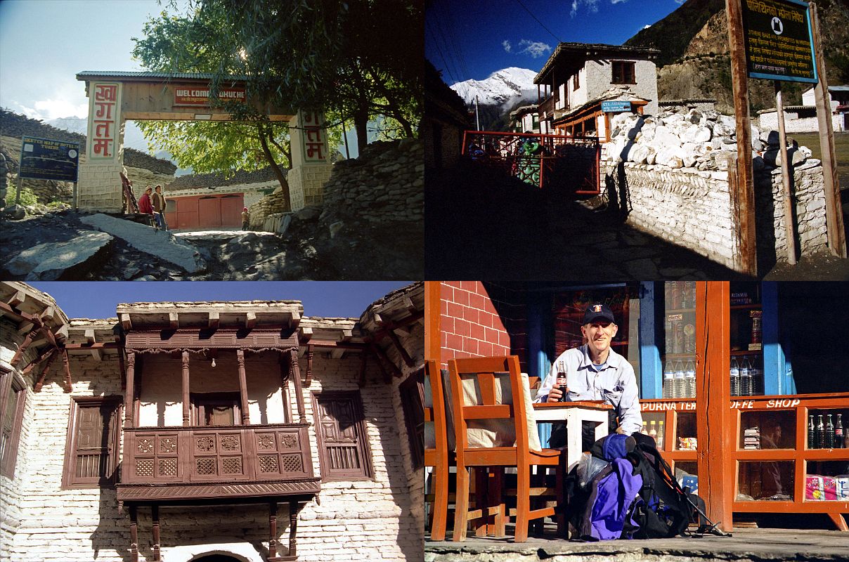302 Tukuche Entrance, Mani Wall, Carved Wooden Balcony, Jerome Ryan Drinking A Coke UL Tukuche (2580m) was for many years one of the richest villages in the Kali Gandaki valley. �The village of Tukucha is a maze of alleys, and the houses, regular little fortresses, are mostly caravanserais where passing travelers can find lodging for the night� (Maurice Herzog, Annapurna). UR �The majority of the five hundred inhabitants are Buddhists whose piety can be judged by the number of prayer wheels on the fifty-yard-long wall� (Maurice Herzog, Annapurna). LL Tukuche has finely carved wooden balconies looking exactly as they did in 1950. LR Jerome Ryan stopped in Tukuche and enjoyed a coke in the sunny warm weather